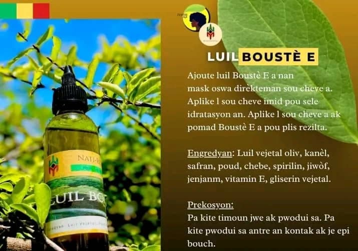 Huile Boustè Nati-Rèl Ayiti, soin naturel pour nourrir et fortifier les cheveux afro.